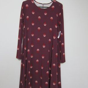 Old Navy Knit Swing Red Floral Dress S Burgundy Stretchy Long Sleeve New